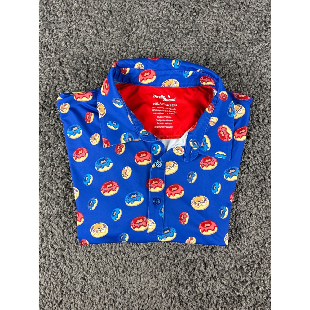 Birdie Bound Mens 2XL Blue Donut Print Performance Golf Polo Shirt Short Sleeve